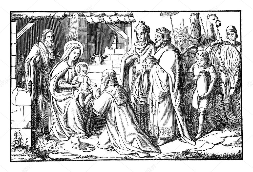 Three Wise Men or Kings Visit Newborn Jesus in Bethlehem and Giving Him Gifts.Bible, New Testament,Matthew 2.Vintage Antique Drawing
