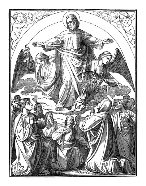 Jesús resucitado es llevado al cielo.Biblia, Nuevo Testamento. Dibujo antiguo vintage — Vector de stock