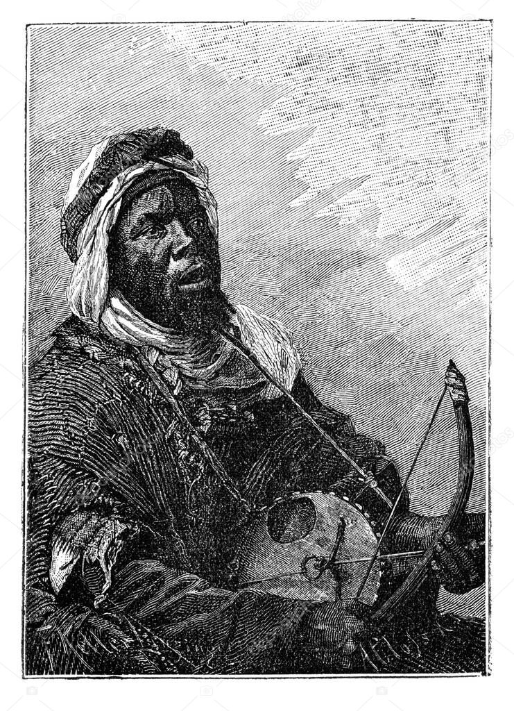 West African Griot Musician.History and Culture of West Africa. Antique Vintage Illustration. 19th Century.