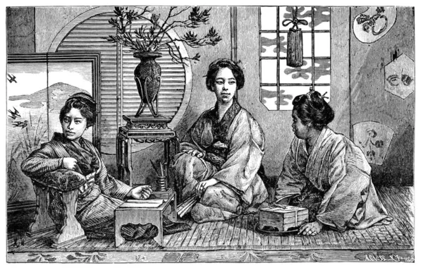 Japan Lady lub Noblewoman w Kimono z pokojówkami. XIX wiek. — Zdjęcie stockowe