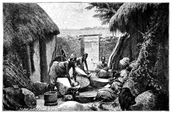 Mujeres de Accra Milling Rice. Ghana Today. History and Culture of West Africa. Ilustración Vintage antigua. Siglo XIX. —  Fotos de Stock