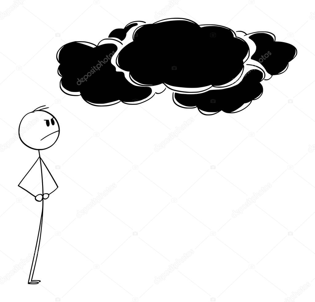 Unhappy Man Looking at Dark Storm Clouds. Weather Change Occurs. Vector Cartoon Stick Figure Illustration