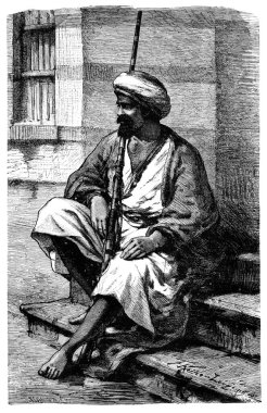 Kahire, Mısır 'dan silahlı Bedevi. Kuzey Afrika tarihi ve kültürü. Antika Vintage Illustration. 19. yüzyıl.