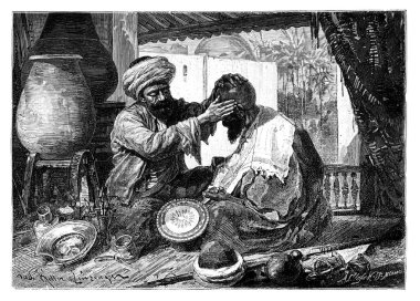 Arap Berber Traş Müşterisi. Kuzey Afrika Tarihi ve Kültürü. Antika Vintage Illustration. 19. yüzyıl..