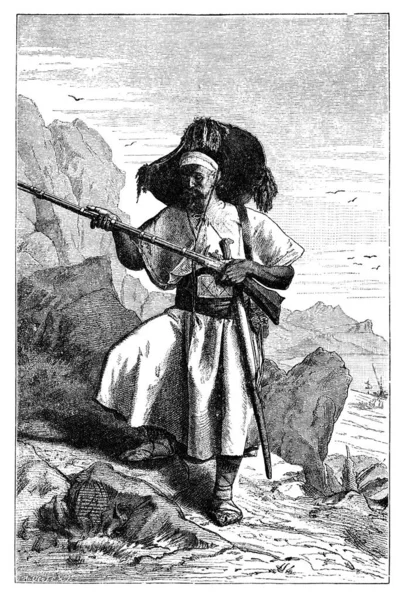 Gewapende Kabyle Berber Man uit Vandaag Algerije. Geschiedenis en cultuur van Noord-Afrika. Antieke Vintage Illustratie. 19e eeuw. — Stockfoto