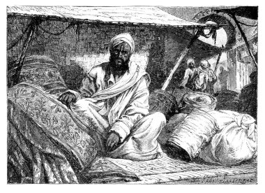 Kaşmir 'den halı tüccarı. Asya tarihi ve kültürü. Antika Vintage Illustration. 19. yüzyıl.