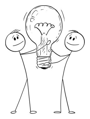 Fikir, İki Adam ya da Ampul Tutan İş Adamları. Vektör Karikatür Şekil Çizimi
