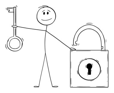 Man Holding Key and Lock, Security Concept, Vektör Çizgi Film Yapıştırıcısı Çizimi