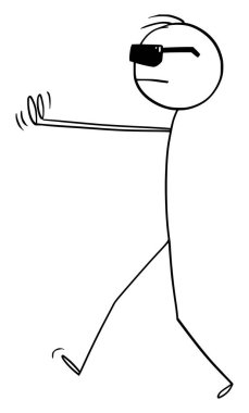 Siyah güneş gözlüklü bir adam hiçbir şey görmez, kör gibi yürür. Vektör Karikatür Şekil Çizimi