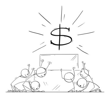 İnsan ya da İş Adamları Grubu Tanrı Olarak Para ya da Dolar Sembolü Olarak İbadet Ediyor. Vektör Karikatür Çizimi