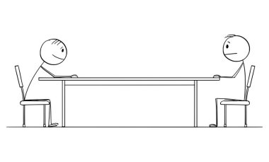 Masada oturan iki adam ya da işadamı, iş görüşmesi ya da iş görüşmesi. Vektör Karikatür Şekil Çizimi
