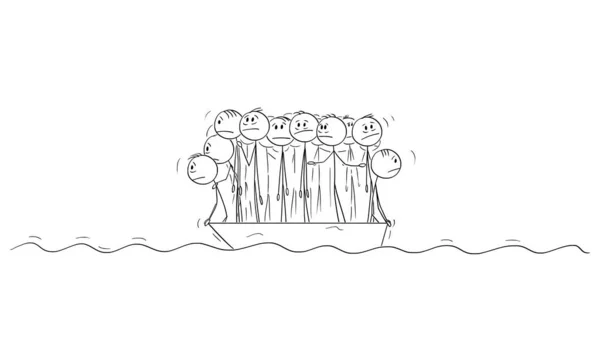 Große Gruppe von Menschen oder Geschäftsleuten, die hilflos auf kleinen Rettungsbooten stehen. Vector Cartoon Stick Figure Illustration — Stockvektor