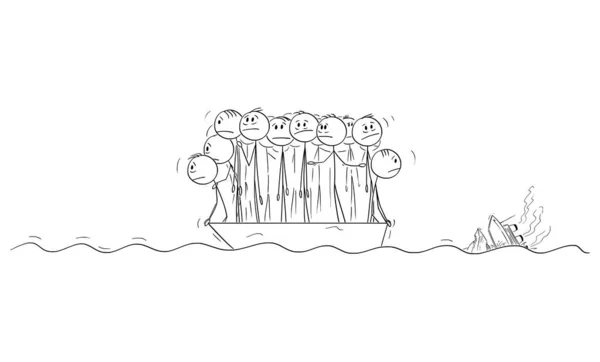 Skupina lidí nebo podnikatelů stojící bezmocně na malém záchranném člunu, Ocean Ship se potápí na pozadí. Obrázek obrázku vektorové kresby — Stockový vektor