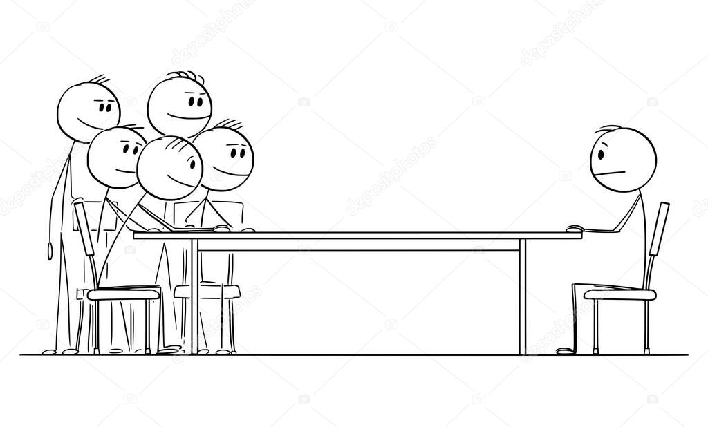 Negotiation or Job Interview, One Man Sitting at Table Against Group of Businessmen, Vector Cartoon Stick Figure Illustration