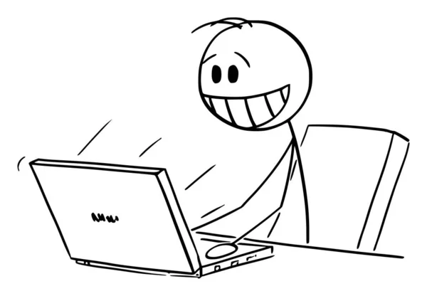 Homme souriant heureux ou homme d'affaires travaillant sur ordinateur dans le bureau, illustration vectorielle de figure de bâton de bande dessinée — Image vectorielle