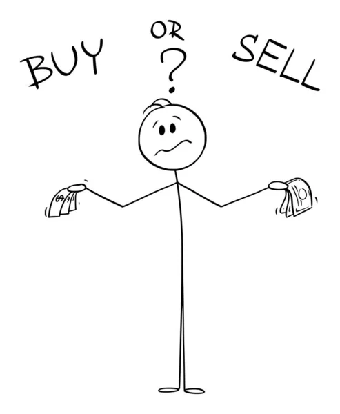 Купити або продати, бізнесмен або інвестор думає про фінанси, Вектор мультфільм наклейка фігура ілюстрація — стоковий вектор