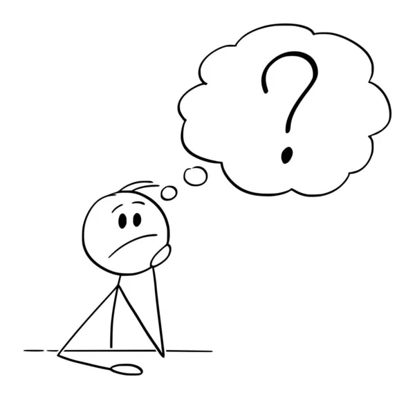 Hombre o Empresario Sentado Detrás del Escritorio Pensando para la Respuesta de la Pregunta, Vector Dibujos Animados Stick Figura Ilustración — Vector de stock