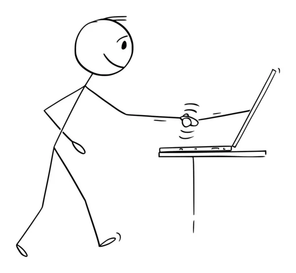 Hombre o Empresario estrechando la mano en línea, Acuerdo Comercial Firmado en Internet, Vector ilustración de la figura del palillo de dibujos animados — Archivo Imágenes Vectoriales