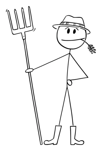 Farmer Standing with Fork Chewing Grass, Vector Cartoon Stick Figure Illustration — стоковий вектор