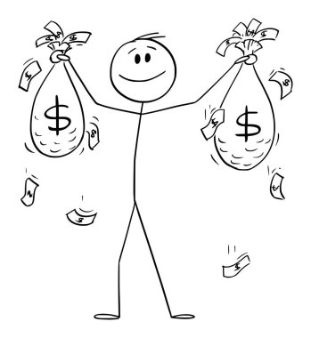 Mutlu Başarılı Adam ya da İş Adamı Para ve Dolar Torbası Taşıyor, Vector Çizgi Film Şekil Çizimi