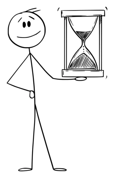 Hombre sonriente o hombre de negocios sosteniendo reloj de arena o vidrio de arena, ilustración de la figura del palillo de dibujos animados del vector — Vector de stock