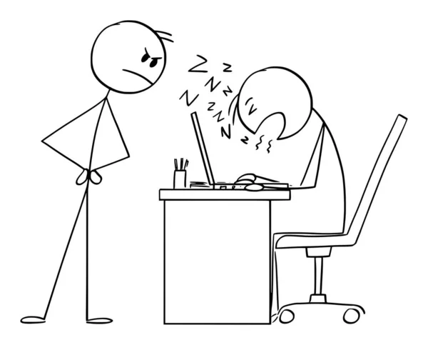 Boss guardando dipendente dormire al lavoro, Vector Cartoon Stick Figura illustrazione — Vettoriale Stock