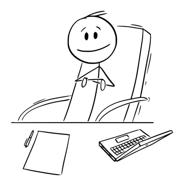 Chefe ou gerente sentado na cadeira atrás de sua mesa de escritório, Vector Cartoon Stick Figura Ilustração —  Vetores de Stock