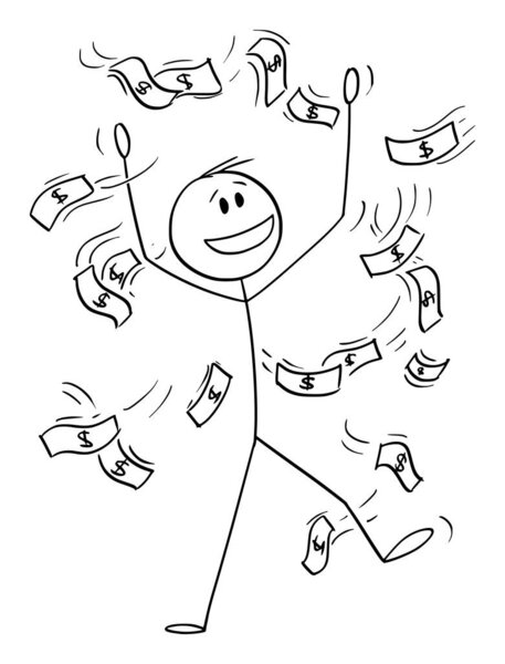 Успешный бизнесмен празднует успех с падением денег или дождь, векторный мультфильм палка рисунок иллюстрации