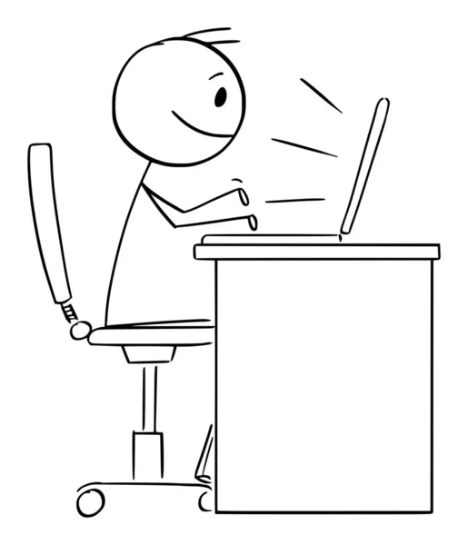 Person or Office Worker Working or Typing on Computer, Vector Cartoon Stick Figure Illustration - Stok Vektor