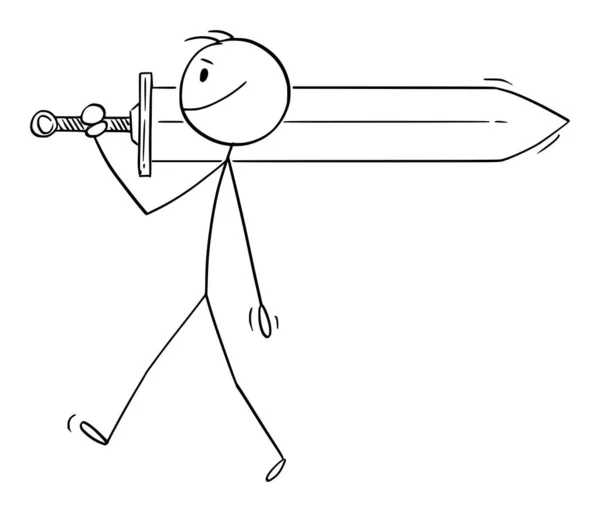 Persona o guerrero que lleva la espada grande a la batalla, ilustración de la figura del palillo de la historieta del vector — Vector de stock