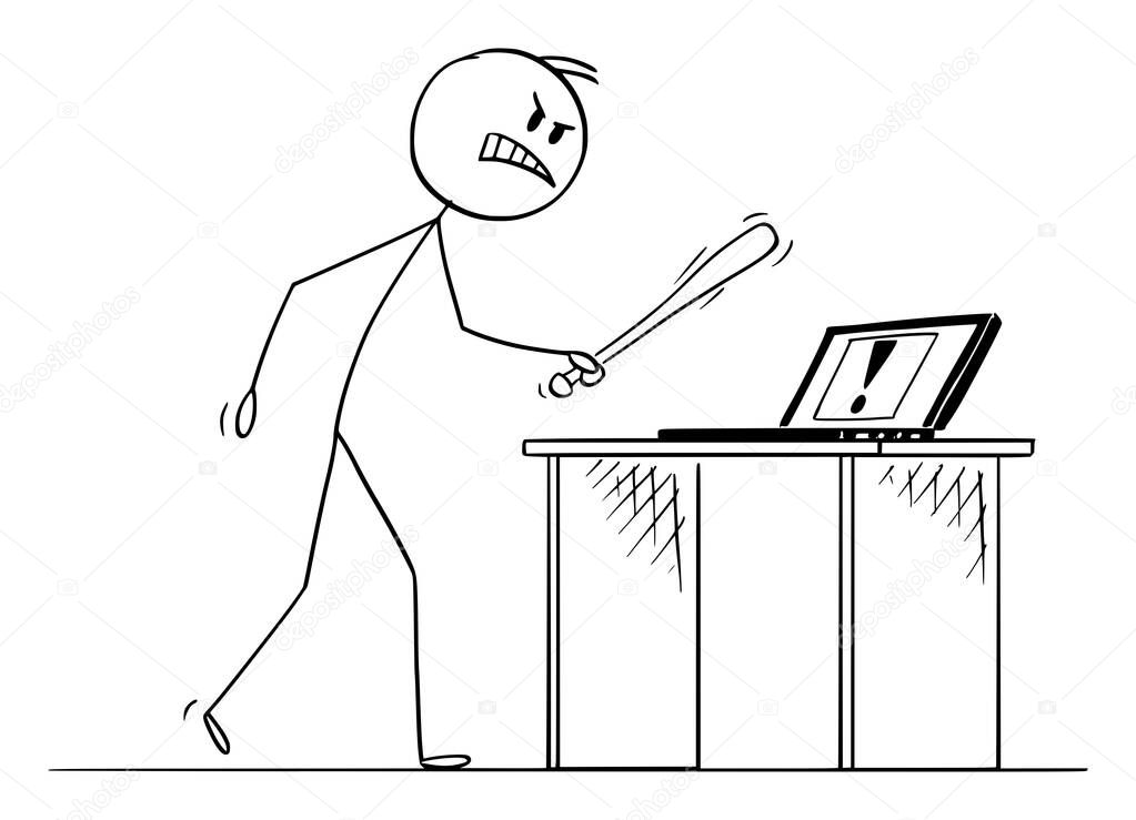 Computer Failure or Error and Angry User with Baseball Bat, Vector Cartoon Stick Figure Illustration