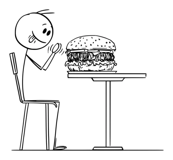 Pessoa que gosta de hambúrguer grande no restaurante fast food, ilustração da figura da vara dos desenhos animados do vetor —  Vetores de Stock