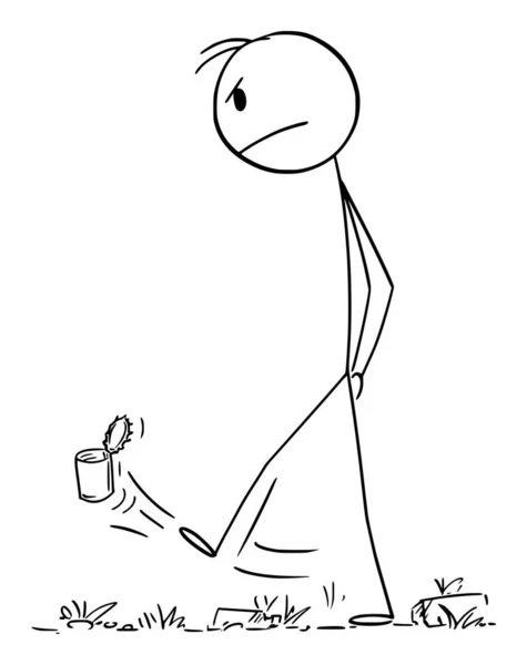 Vzteklý frustrovaný muž kráčející a kopající odpadky, vektorové karikatury Stick figura ilustrace — Stockový vektor