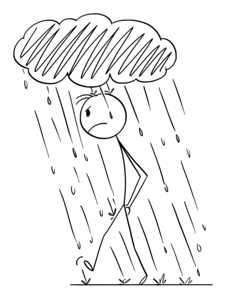 Frustrierte wütende Person, die im persönlichen Regen mit einer kleinen Gewitterwolke über dem Kopf geht, Vector Cartoon Strichmännchen Illustration — Stockvektor