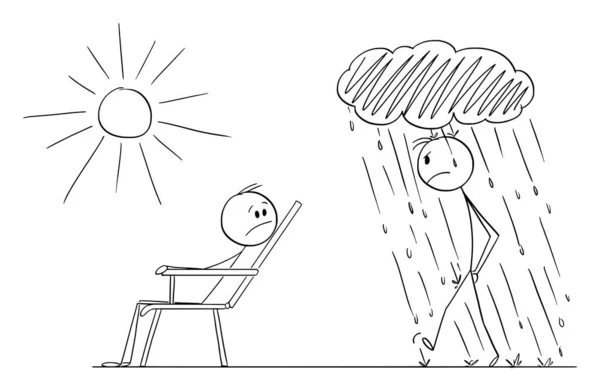 Man Is Enjoying Nice Day and Good Mood and Another Person Is Going in Bad Mood, Vector Cartoon Stick Figure Illustration - Stok Vektor