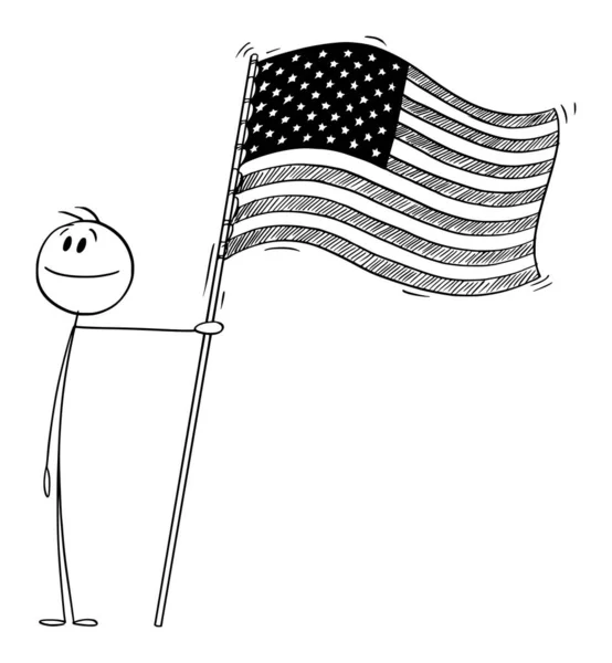 Orgullosa persona patriótica que sostiene la bandera de los Estados Unidos de América, ilustración de la figura del palillo de la historieta del vector — Vector de stock