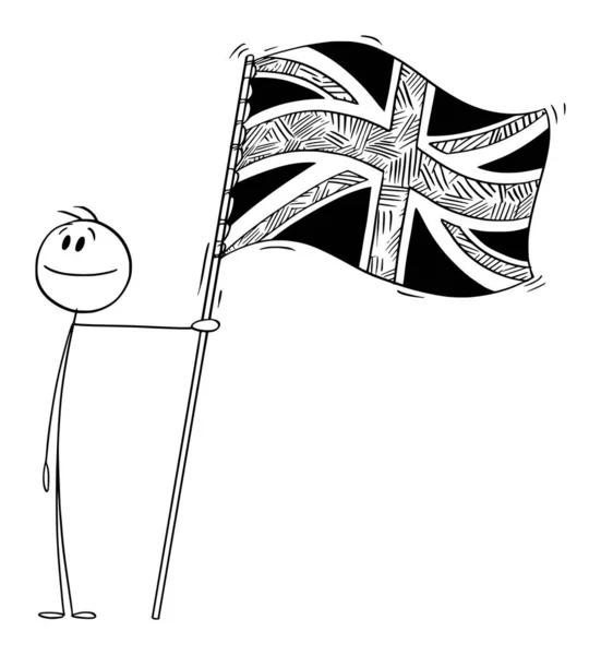 Fier Patriote tenant le drapeau du Royaume-Uni de Grande-Bretagne, illustration vectorielle de figure de bâton de bande dessinée — Image vectorielle
