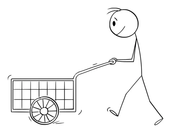 Cartoon stick drawing conceptual illustration of man running fast down the  hill from his own car moving uncontrolled without driver. Car was left  without use of the hand brake. Stock Vector