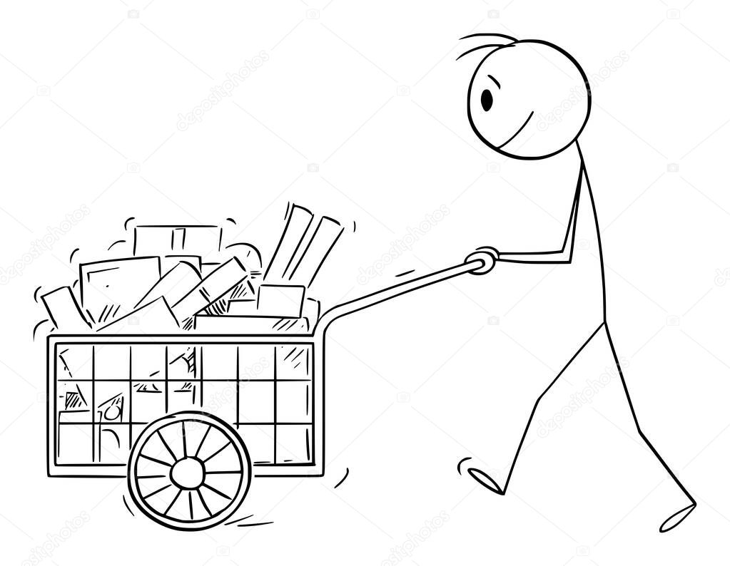 Person Pushing Full Handcart With Boxes or Purchase, Vector Cartoon Stick Figure Illustration