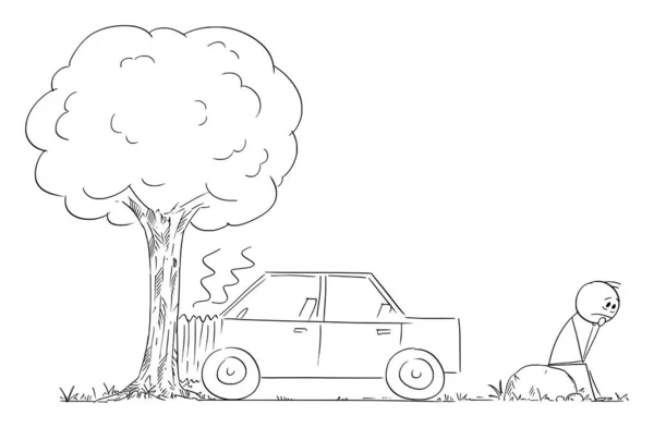 Incidente d'auto incidente contro albero, driver frustrato e depresso è in attesa di assistenza, Vector Cartoon Stick Figura Illustrazione — Vettoriale Stock