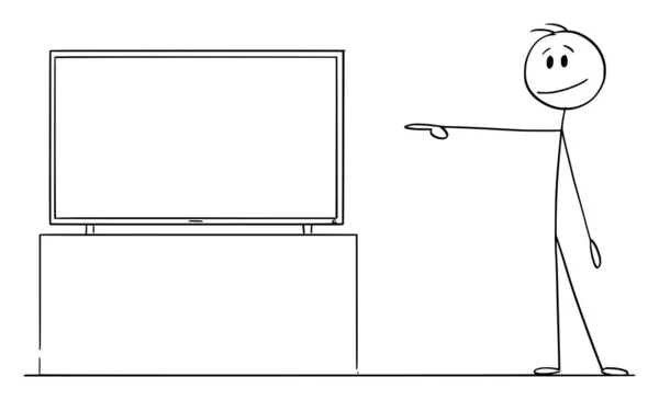 Person zeigt auf leeren Fernseher oder Fernseher, zeigt oder vermarktet etwas, Vector Cartoon Stick Figure Illustration — Stockvektor