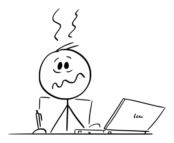 Gestresste überarbeitete Person oder Mann, der hinter dem Schreibtisch sitzt und im Büro am Computer arbeitet, Vector Cartoon Stick Figure Illustration — Stockvektor