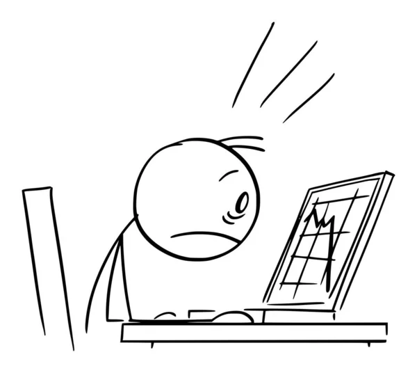 Empresário chocado assistindo gráfico de queda na tela do computador, Vector Cartoon Stick Figura Ilustração — Vetor de Stock
