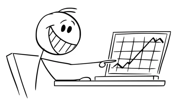 Happy Successful Businessman or Investor Showing Raising Financial Graph on Computer, Vector Cartoon Stick Figure Illustration — Stockový vektor