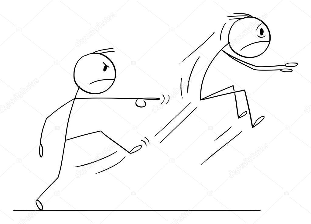 Boss or Employer Kicking Out Employee or a Man, Vector Cartoon Stick Figure Illustration