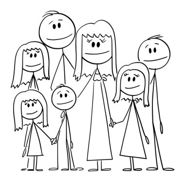 Beş çocuklu büyük mutlu aile portresi, vektör çizgi film çubuğu figürü