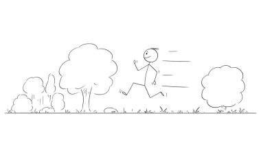 Doğada Yolda Koşan Kişi veya Adam, Vektör Çizgi Film Şekil Çizimi