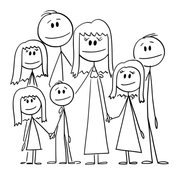 Retrato de familia feliz grande con cinco niños, ilustración de la figura del palillo de la historieta del vector — Archivo Imágenes Vectoriales