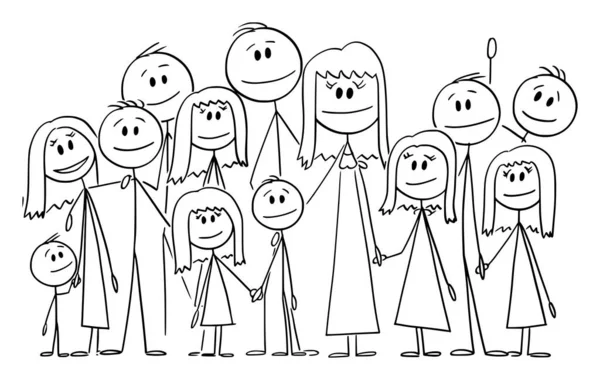 Retrato de la familia feliz grande con once niños, ilustración de la figura del palillo de la historieta del vector — Archivo Imágenes Vectoriales
