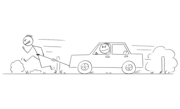 Man Running on Road and Pulling Broken Car, Vector Cartoon Stick Figure Illustration — Stock Vector